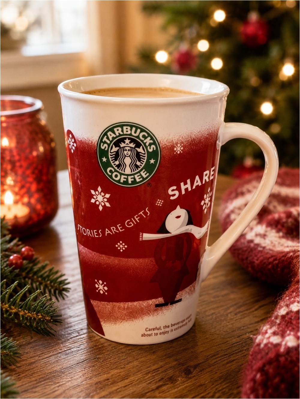 Starbucks 2010 Holiday Festive Red Bone China Coffee Mug Christmas